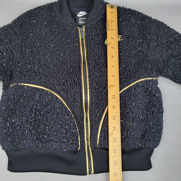 Nike Girls Bomber Jacket Size Small Loose Fit Full Zip Black Gold Faux Fur - Picture 9 of 12
